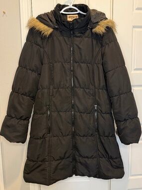 Black Long Puffer Coat Faux Fur Hood Women's 2XL